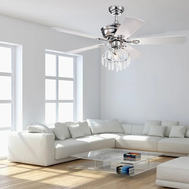 Ventilatore da soffitto decorativo in argento con lucentezza di cristallo a LED da 52 pollici con luce